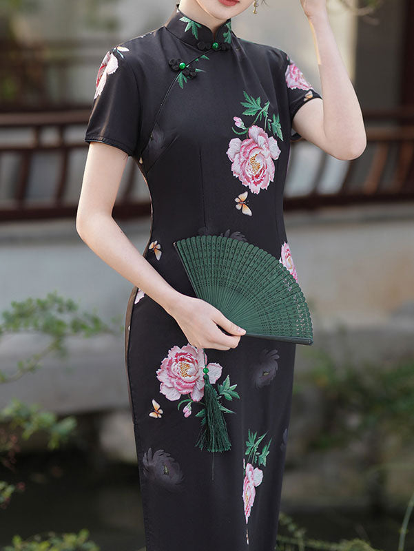 2023 Black Rose Print Chiffon Cheongsam Qipao Dress