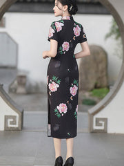 2023 Black Rose Print Chiffon Cheongsam Qipao Dress