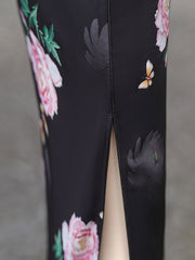 2023 Black Rose Print Chiffon Cheongsam Qipao Dress