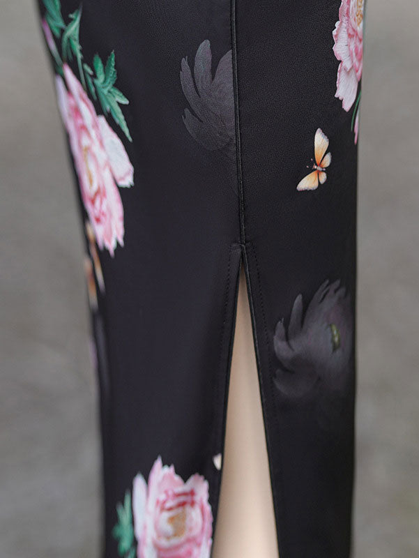 2023 Black Rose Print Chiffon Cheongsam Qipao Dress