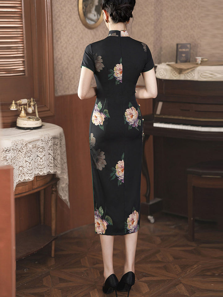 Black Floral Print Midi Cheongsam Qipao Dress