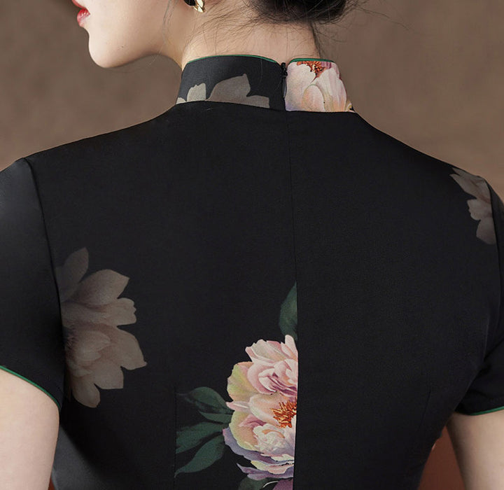 Black Floral Print Midi Cheongsam Qipao Dress