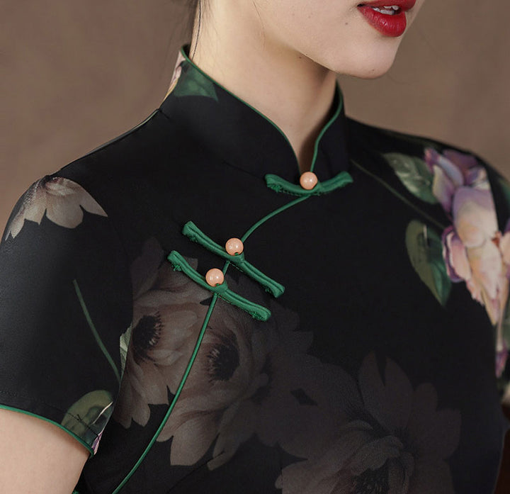 Black Floral Print Midi Cheongsam Qipao Dress