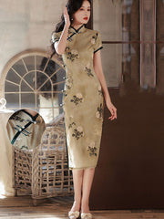 Green Floral Print Midi Cheongsam Qipao Dress