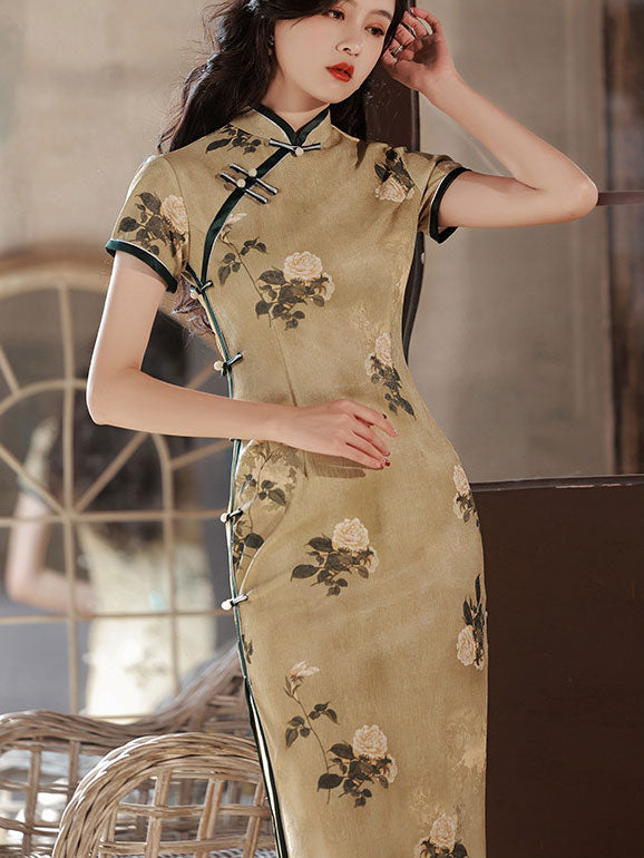 Green Floral Print Midi Cheongsam Qipao Dress