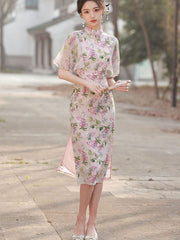 Pink Floral Chiffon Flutter Sleeve Qipao Cheongsam Dress