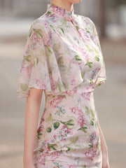 Pink Floral Chiffon Flutter Sleeve Qipao Cheongsam Dress