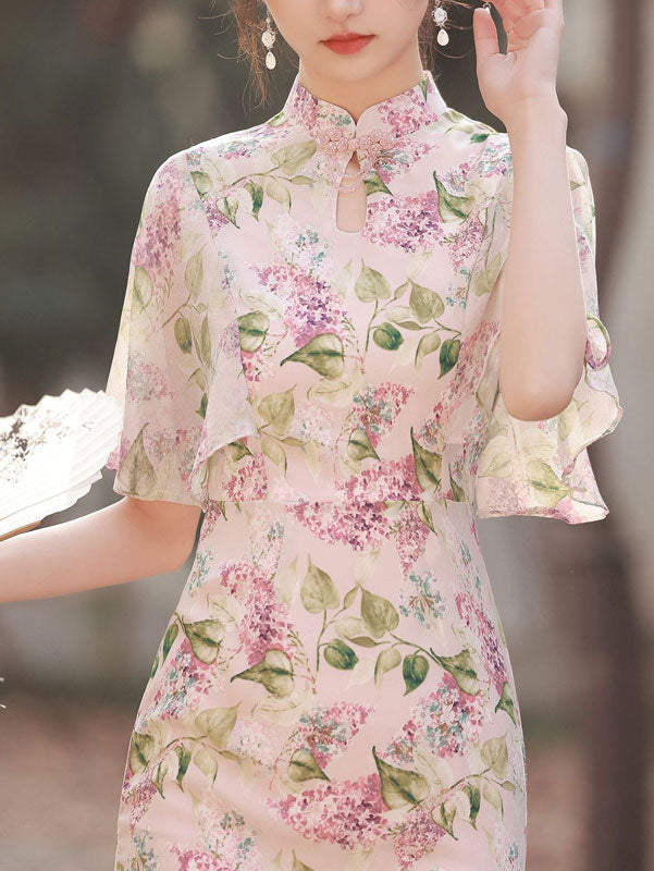 Pink Floral Chiffon Flutter Sleeve Qipao Cheongsam Dress