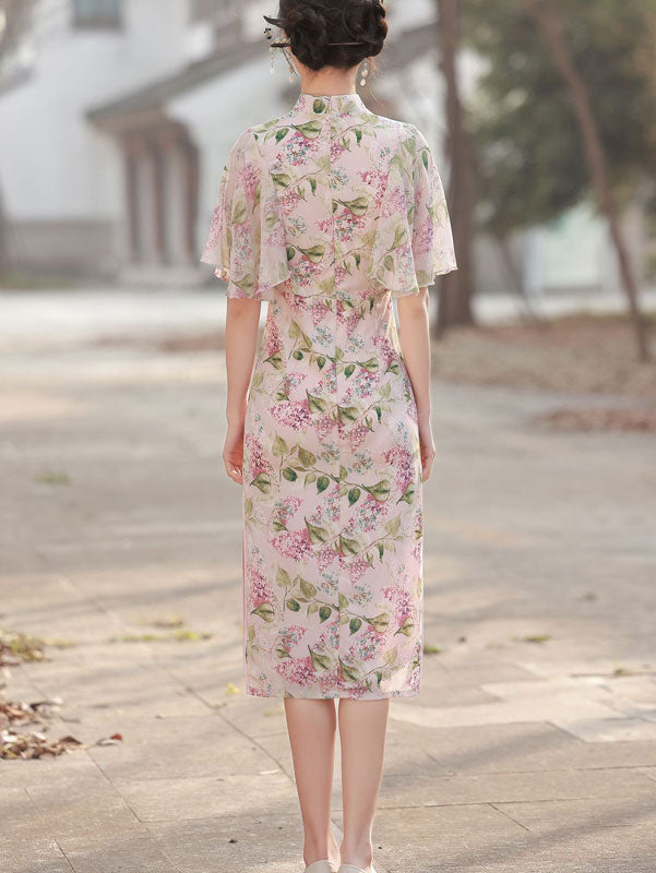 Pink Floral Chiffon Flutter Sleeve Qipao Cheongsam Dress