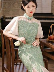 Green Lace Flutter Sleeve Fishtail Qipao Cheongsam Dress
