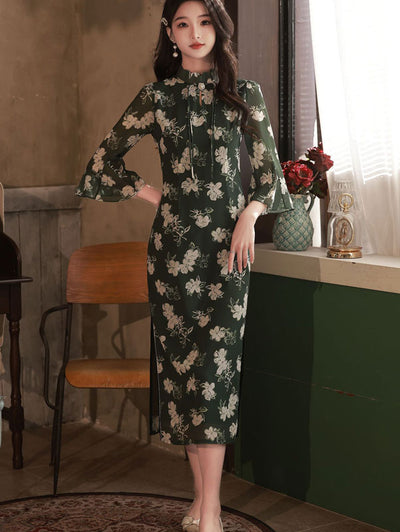 2023 Green Floral Chiffon Midi Cheongsam Qipao Dress