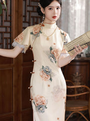 2023 Ivory Rose Print Midi Qipao Cheongsam Dress