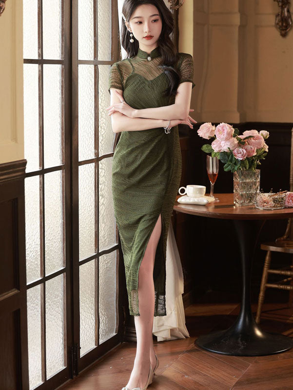 Green Thigh Split Illusion Midi Qipao Cheongsam Dress
