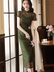 Green Thigh Split Illusion Midi Qipao Cheongsam Dress