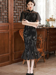 Black Fishtail Flutter Sleeve Midi Qipao Cheongsam Dress