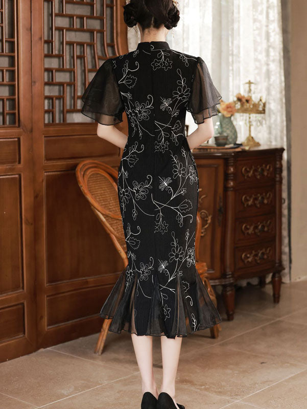 Black Fishtail Flutter Sleeve Midi Qipao Cheongsam Dress