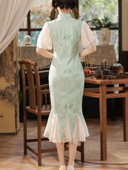 Black Green Fishtail Flutter Sleeve Midi Qipao Cheongsam Dress