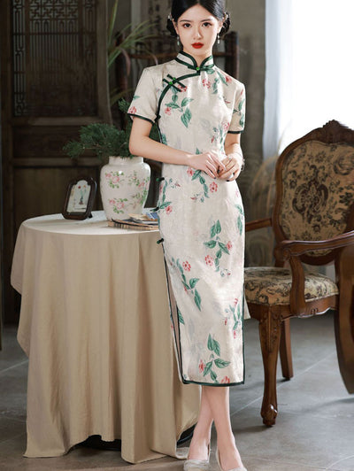 2023 White Floral Jacquard Midi Qipao Cheongsam Dress