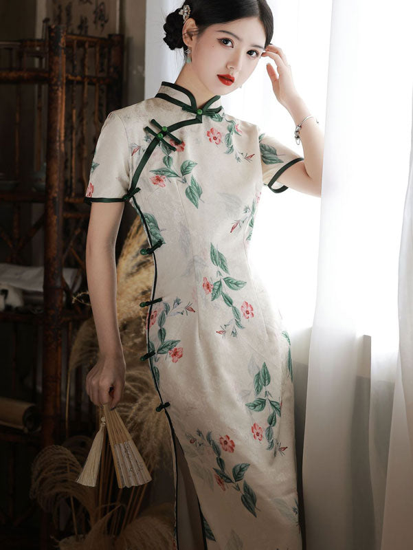 2023 White Floral Jacquard Midi Qipao Cheongsam Dress