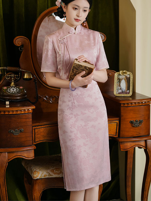 2023 Pink Jacquard Midi Qipao Cheongsam Dress