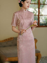 2023 Pink Jacquard Midi Qipao Cheongsam Dress