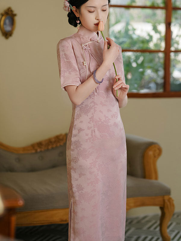 2023 Pink Jacquard Midi Qipao Cheongsam Dress