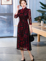 Red Green Mothers Floral A-Line Cheongsam Qipao Dress