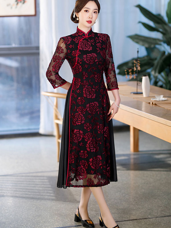 Red Green Mothers Floral A-Line Cheongsam Qipao Dress
