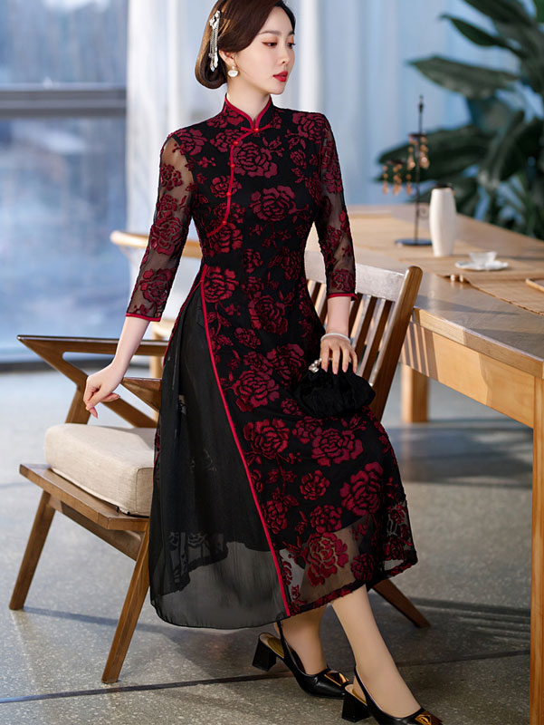 Red Green Mothers Floral A-Line Cheongsam Qipao Dress