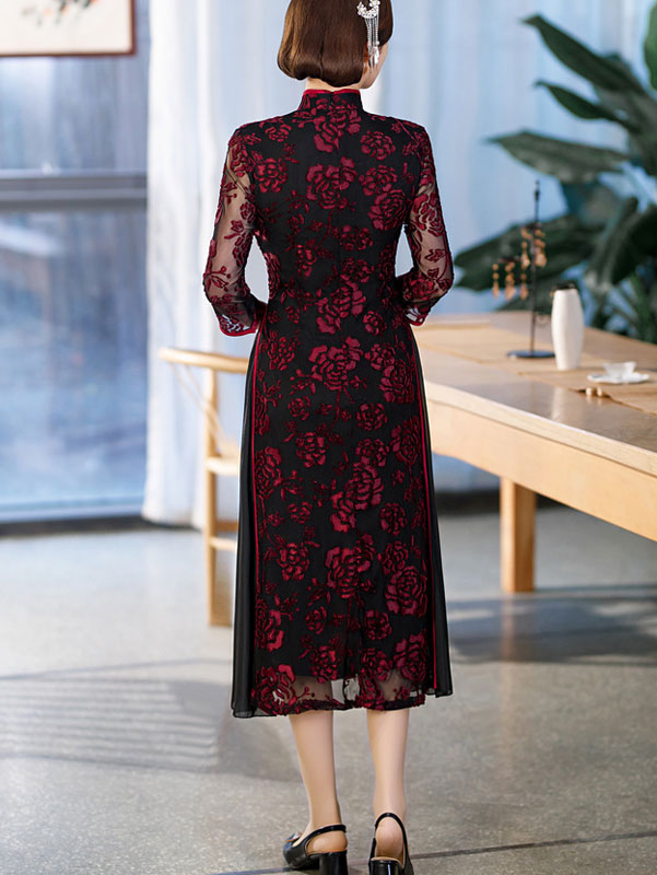 Red Green Mothers Floral A-Line Cheongsam Qipao Dress