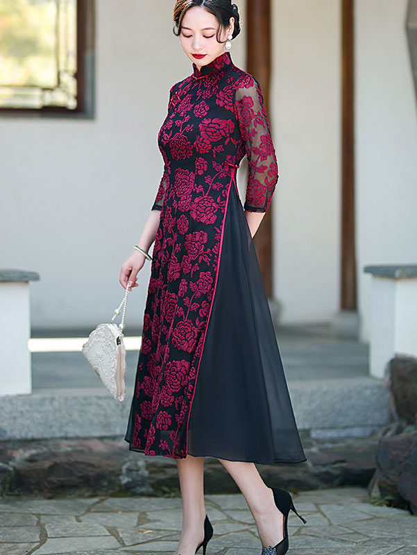 Red Green Mothers Floral A-Line Cheongsam Qipao Dress