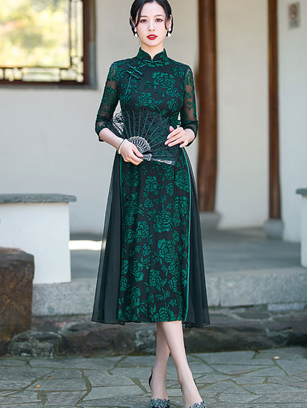 Red Green Mothers Floral A-Line Cheongsam Qipao Dress