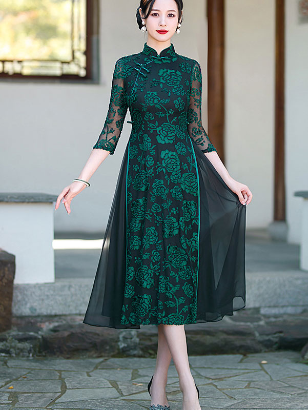 Red Green Mothers Floral A-Line Cheongsam Qipao Dress