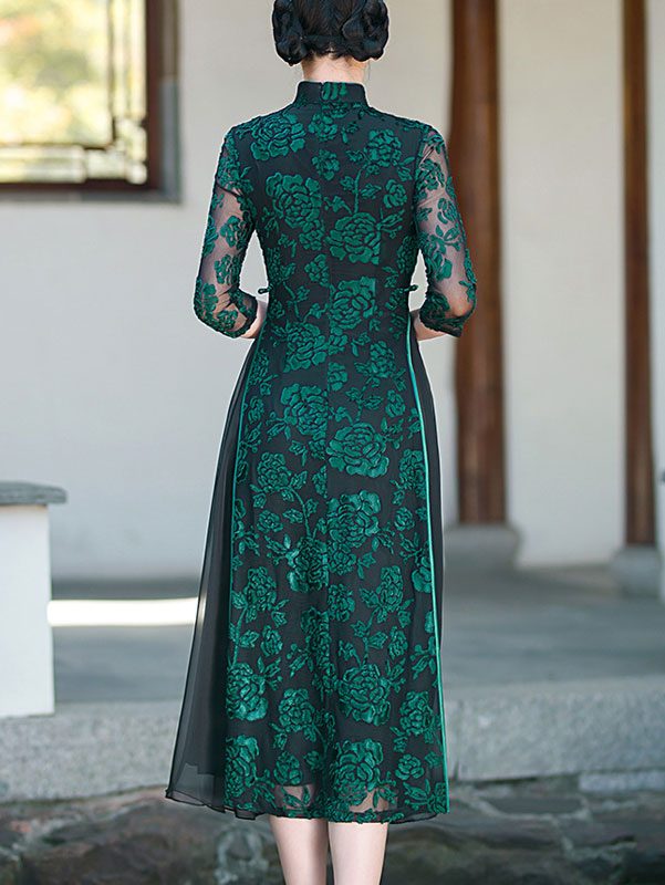 Red Green Mothers Floral A-Line Cheongsam Qipao Dress