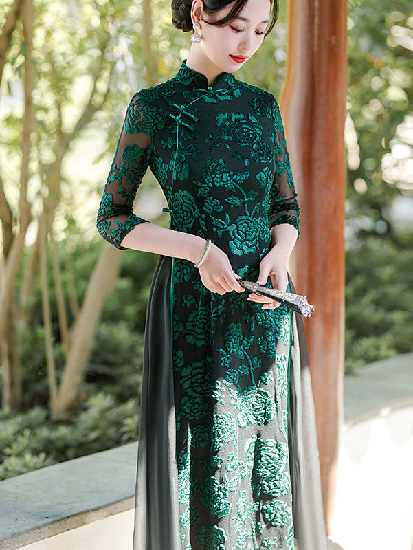 Red Green Mothers Floral A-Line Cheongsam Qipao Dress