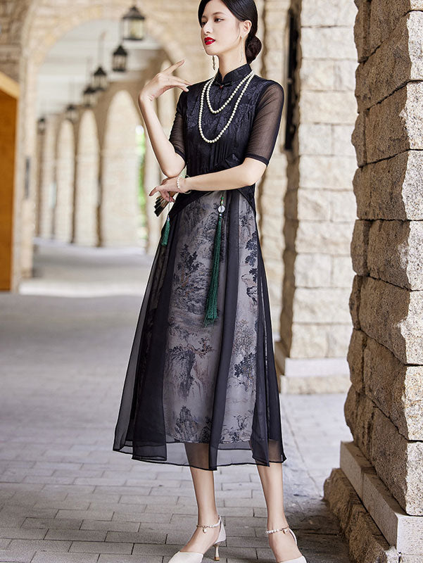Mothers Chinese Painting Print A-Line Cheongsam Qipao Dress