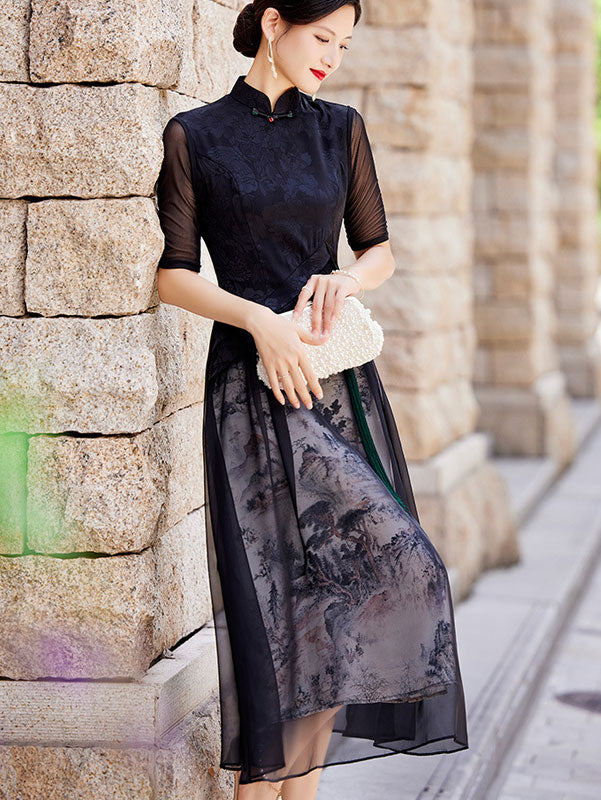 Mothers Chinese Painting Print A-Line Cheongsam Qipao Dress
