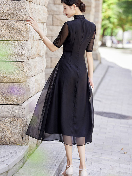 Mothers Chinese Painting Print A-Line Cheongsam Qipao Dress