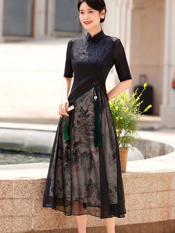 Mothers Chinese Painting Print A-Line Cheongsam Qipao Dress