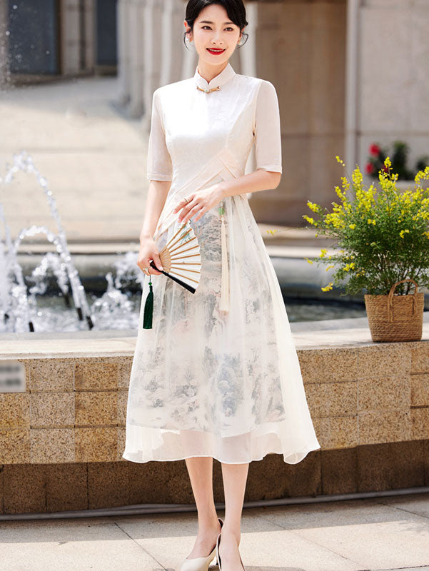 Mothers Chinese Painting Print A-Line Cheongsam Qipao Dress
