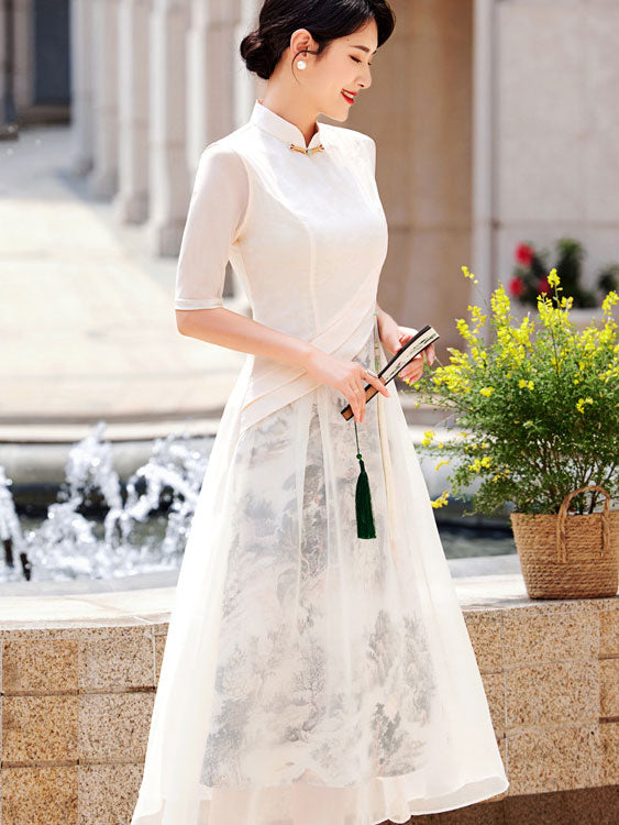 Mothers Chinese Painting Print A-Line Cheongsam Qipao Dress