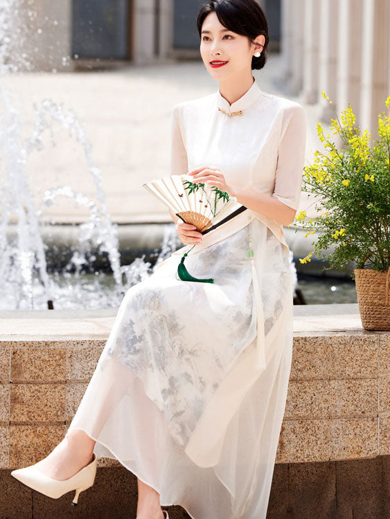 Mothers Chinese Painting Print A-Line Cheongsam Qipao Dress