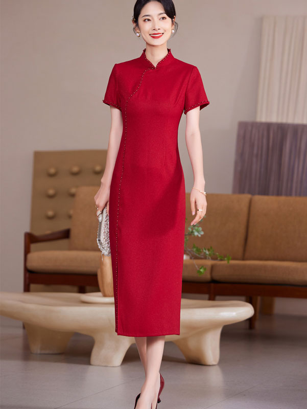 Red Bride Mothers Midi Wedding Qipao Cheongsam Dress