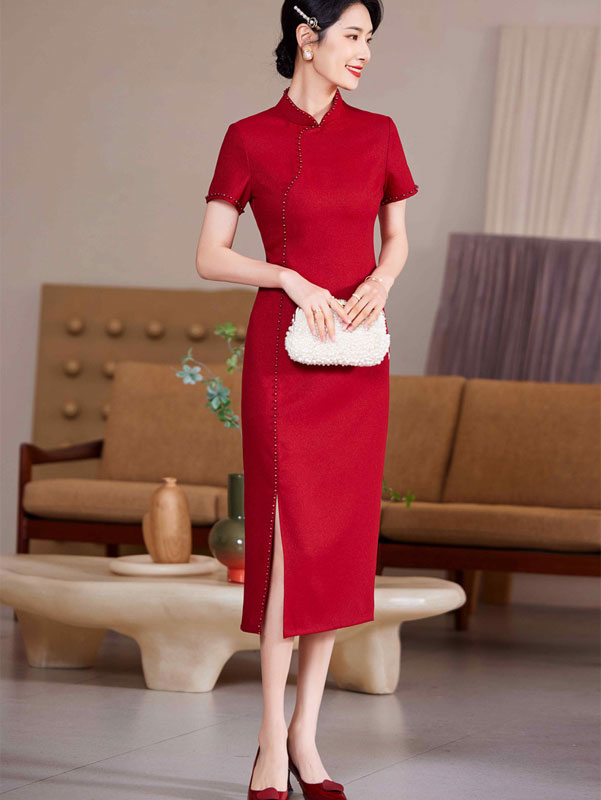 Red Bride Mothers Midi Wedding Qipao Cheongsam Dress