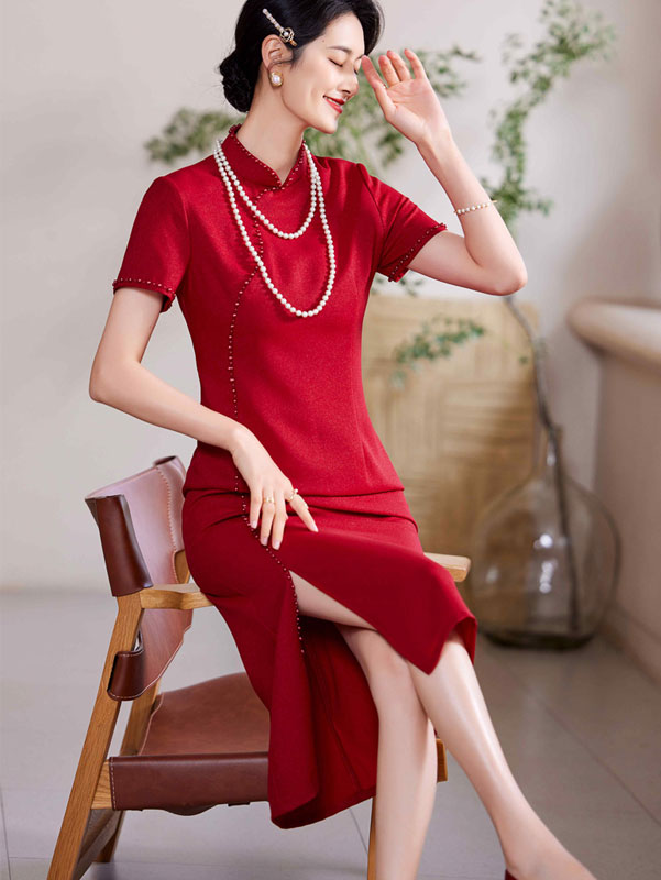 Red Bride Mothers Midi Wedding Qipao Cheongsam Dress