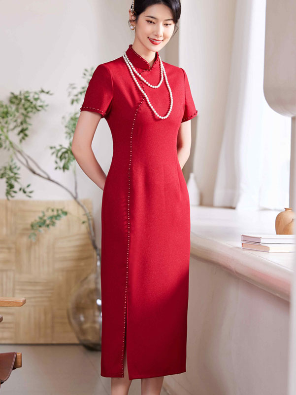 Red Bride Mothers Midi Wedding Qipao Cheongsam Dress