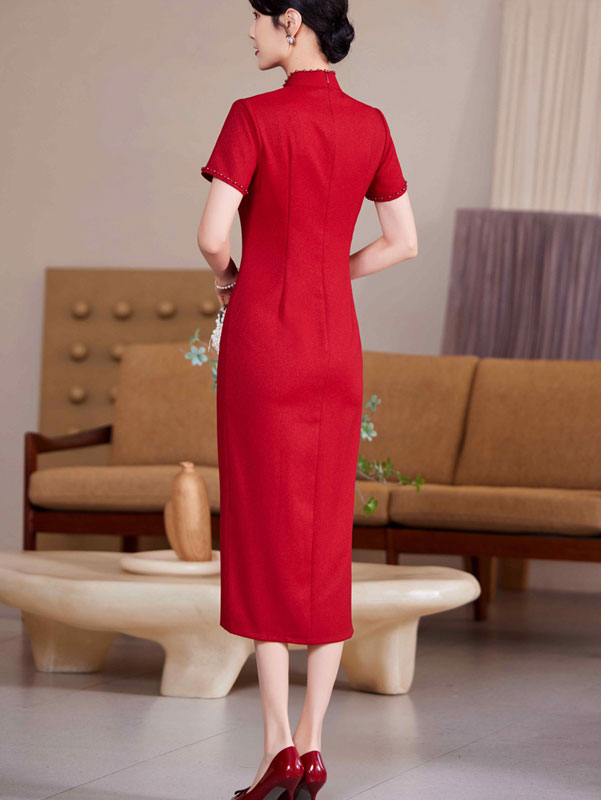 Red Bride Mothers Midi Wedding Qipao Cheongsam Dress
