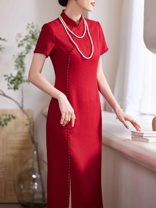 Red Bride Mothers Midi Wedding Qipao Cheongsam Dress