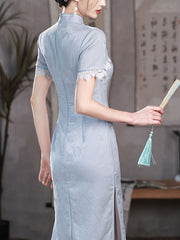 2023 Blue Jacquard Midi Cheongsam Qipao Dress