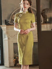 2023 Yellow Jacquard Midi Cheongsam Qipao Dress
